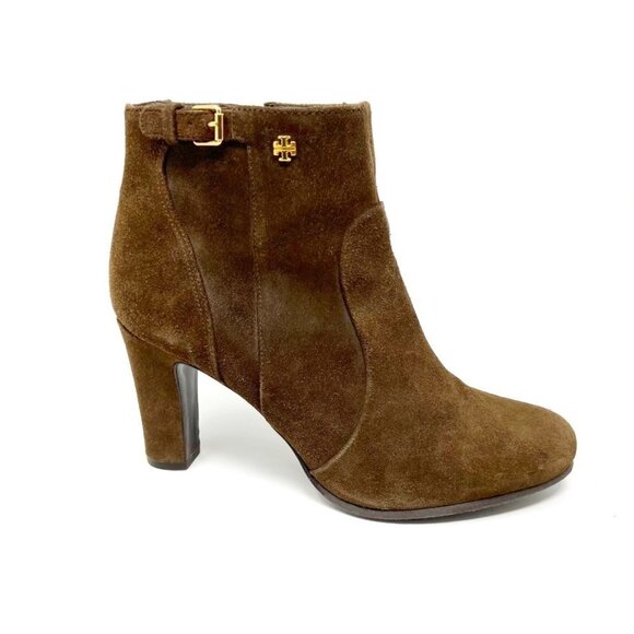 Tory Burch Boots Women's Size 11 Lan Gray Brown Milan Suede Heeled Buckle Bootie - Picture 1 of 15